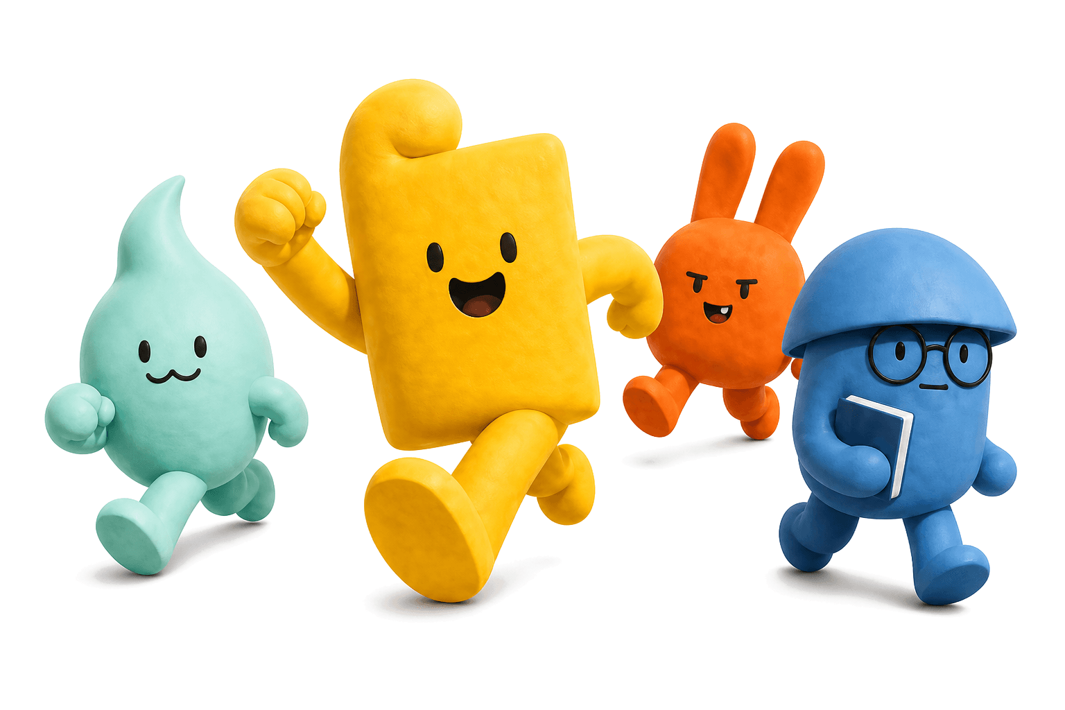粘土感のある仲間キャラクターが前へ走るイラスト